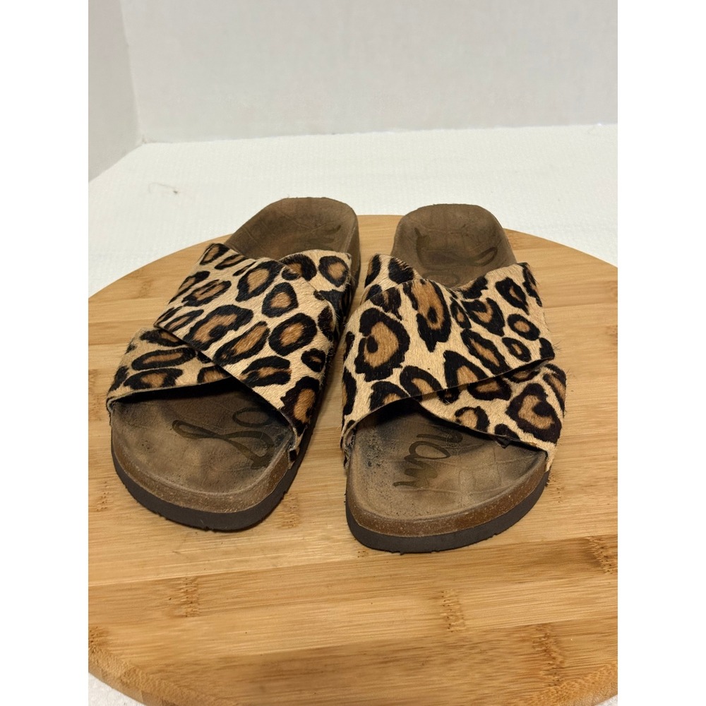 Sam Edelman Womens Leopard Calf Hair Crisscross Slide Sandals Brown Tan